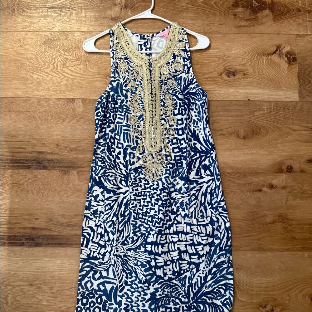 Lilly Pulitzer Blue and White Dress with Gold Details